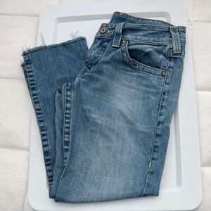 True Religion Light Blue Cropped Frayed Hem Jeans